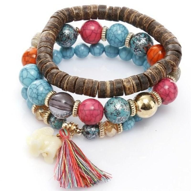 Bracelet Bohème Multicouche À Pompons En Bois Bracelet En Perles D'éléphant Mignon