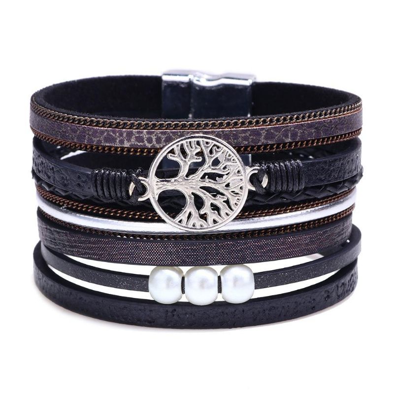 Bracelet En Cuir Multicouche Vintage Life Tree Bracelet En Alliage Tissé Pour Femme