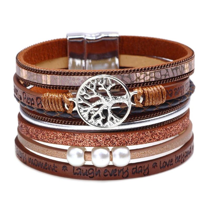 Bracelet En Cuir Multicouche Vintage Life Tree Bracelet En Alliage Tissé Pour Femme