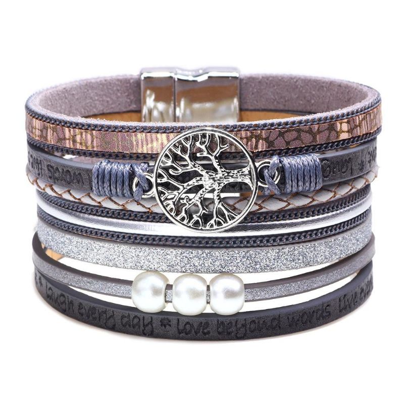 Bracelet En Cuir Multicouche Vintage Life Tree Bracelet En Alliage Tissé Pour Femme