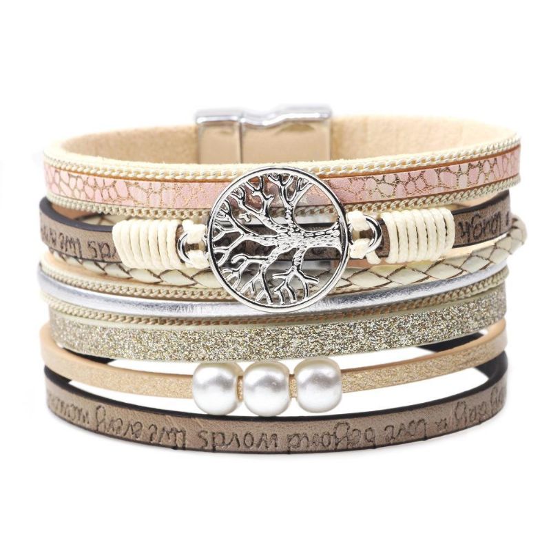 Bracelet En Cuir Multicouche Vintage Life Tree Bracelet En Alliage Tissé Pour Femme