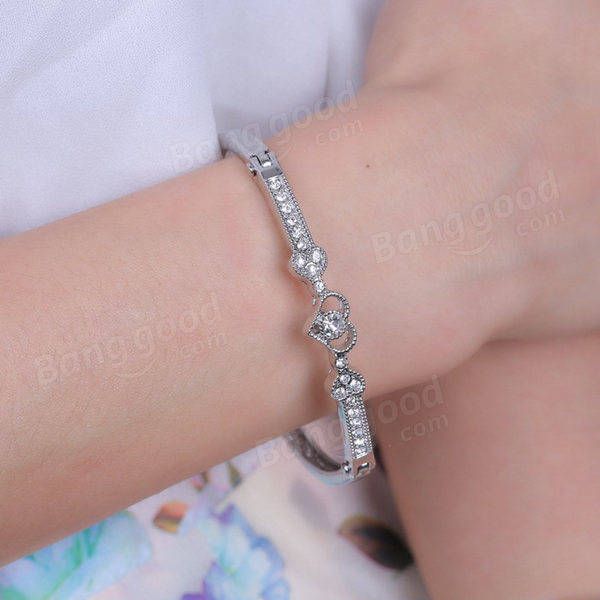 Bracelet Élégant En Forme De Coeur Avec Strass En Argent Pour Femme