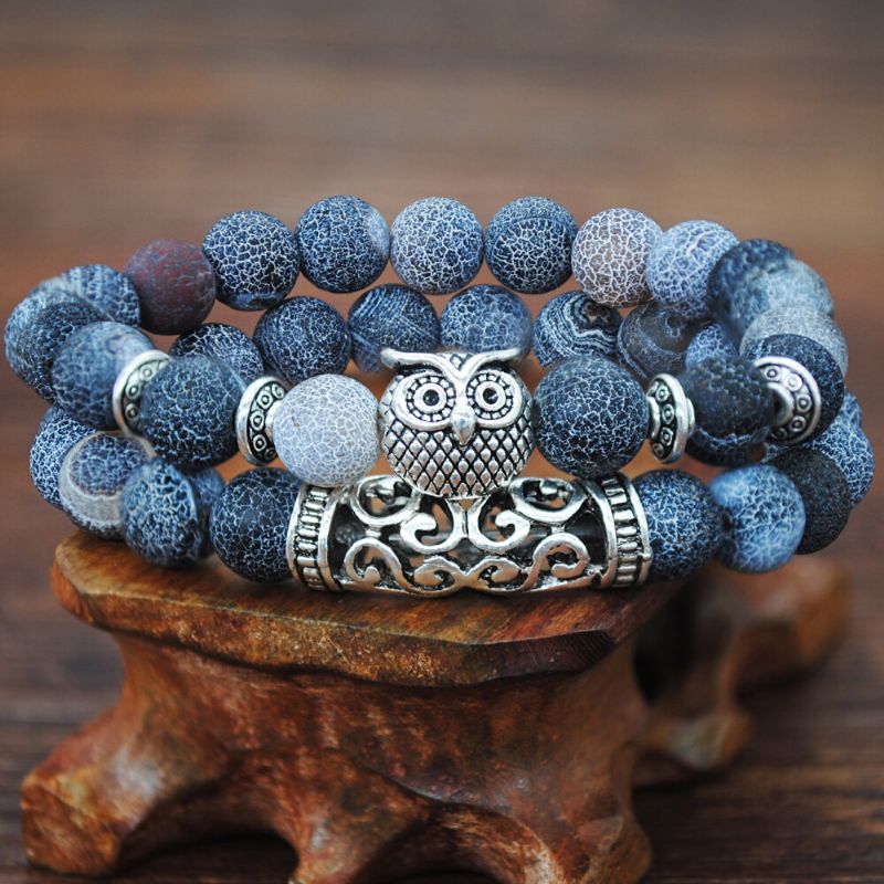 Bracelet Hibou En Argent Tibétain Fait À La Main Pierre Précieuse Naturelle Cristal Élastique Corde Hommes Femmes Bracelet Perlé