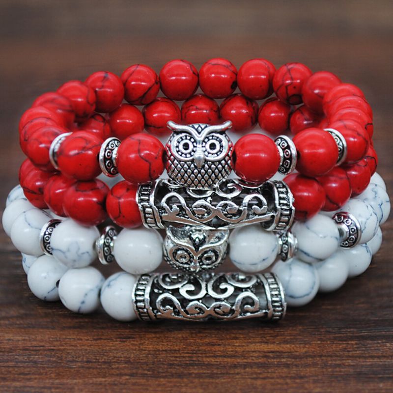 Bracelet Hibou En Argent Tibétain Fait À La Main Pierre Précieuse Naturelle Cristal Élastique Corde Hommes Femmes Bracelet Perlé