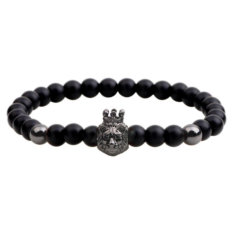 Bracelet Perlé Agate Noire Vintage Punk Tête De Lion Bracelet Réglable Pour Homme