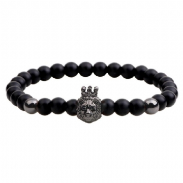 Bracelet Perlé Agate Noire Vintage Punk Tête De Lion Bracelet Réglable Pour Homme