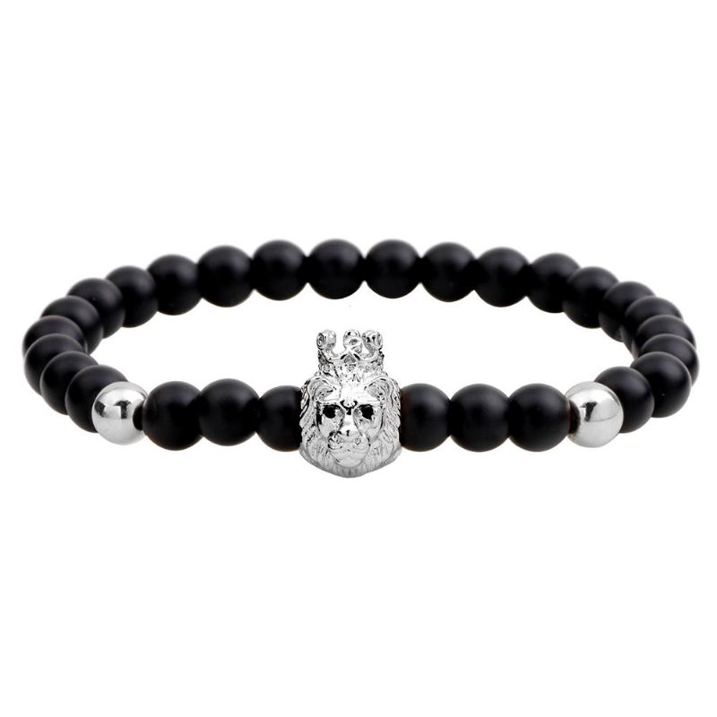 Bracelet Perlé Agate Noire Vintage Punk Tête De Lion Bracelet Réglable Pour Homme