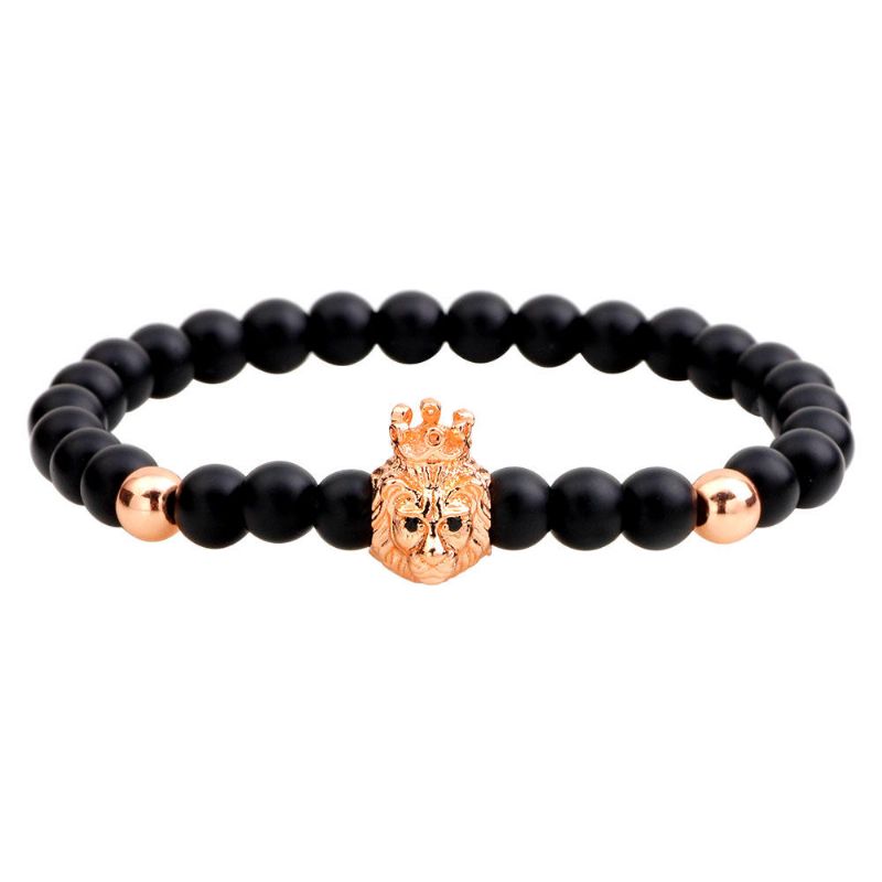 Bracelet Perlé Agate Noire Vintage Punk Tête De Lion Bracelet Réglable Pour Homme