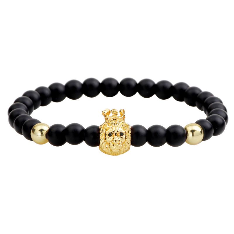 Bracelet Perlé Agate Noire Vintage Punk Tête De Lion Bracelet Réglable Pour Homme