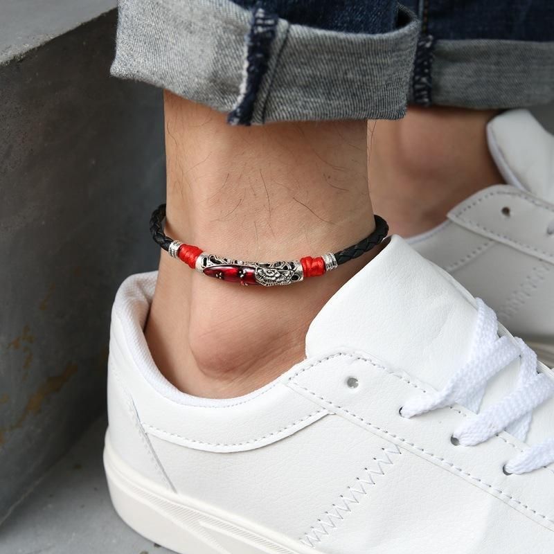 Bracelets De Cheville Unisexes Vintage Chanceux Corde Rouge Ethnique Réglable Cheville Plage Pieds Nus Bijoux