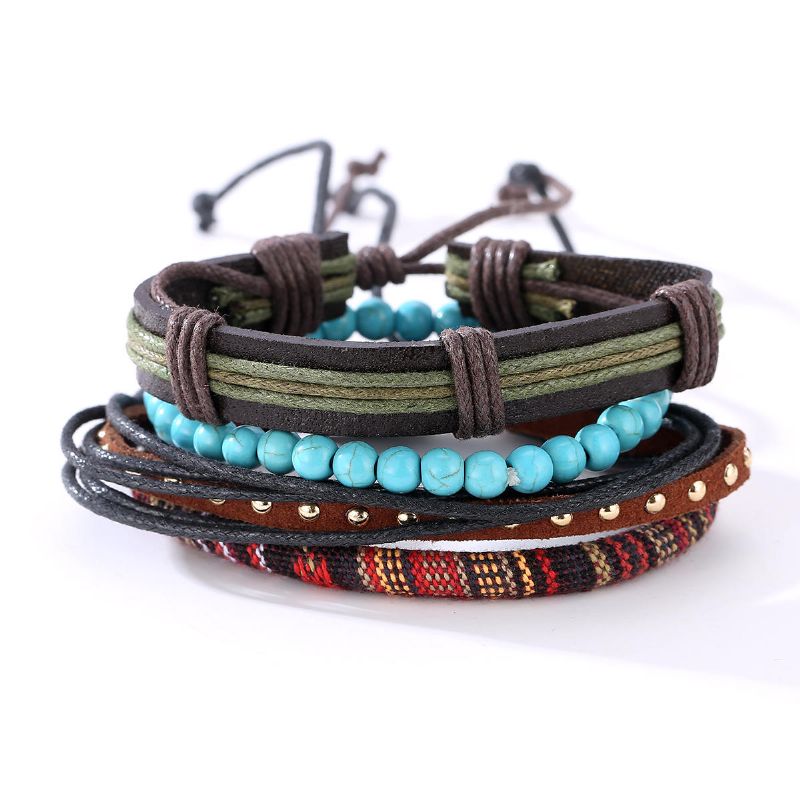 Bracelets Punk Multicouches Perles Tissées Réglables Bracelets En Cuir Pour Hommes