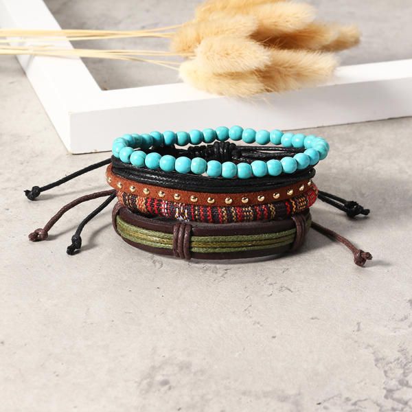 Bracelets Punk Multicouches Perles Tissées Réglables Bracelets En Cuir Pour Hommes