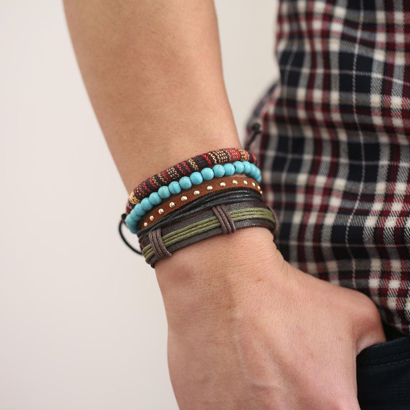 Bracelets Punk Multicouches Perles Tissées Réglables Bracelets En Cuir Pour Hommes