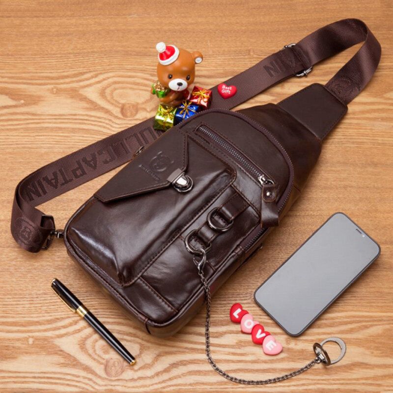 Bullcaptian Hommes Multi-poches En Cuir Souple Poitrine Sac Vintage Mobile Téléphone Titulaire Chaîne Bandoulière Sac À Bandoulière