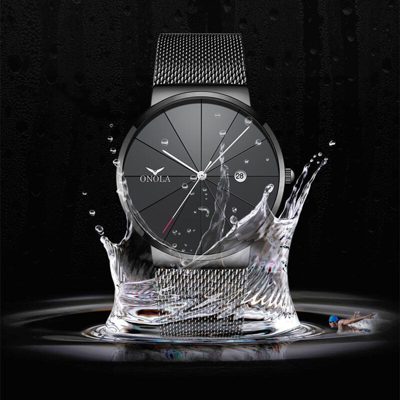 Business Casual Alliage Mesh Band Calendrier Étanche Hommes Montre À Quartz Montre-bracelet