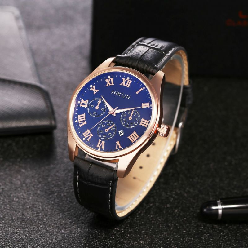 Business Casual Big Simple Dial Bracelet En Cuir Pu Montre À Quartz Pour Hommes