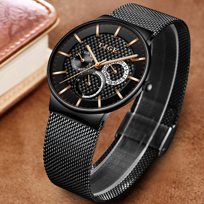 Business Casual Men Watch Étanche Luminous Date Week Display Quartz Watch