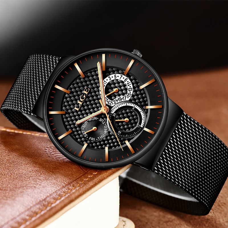 Business Casual Men Watch Étanche Luminous Date Week Display Quartz Watch