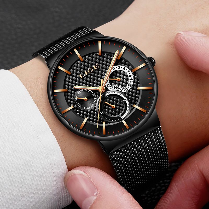 Business Casual Men Watch Étanche Luminous Date Week Display Quartz Watch