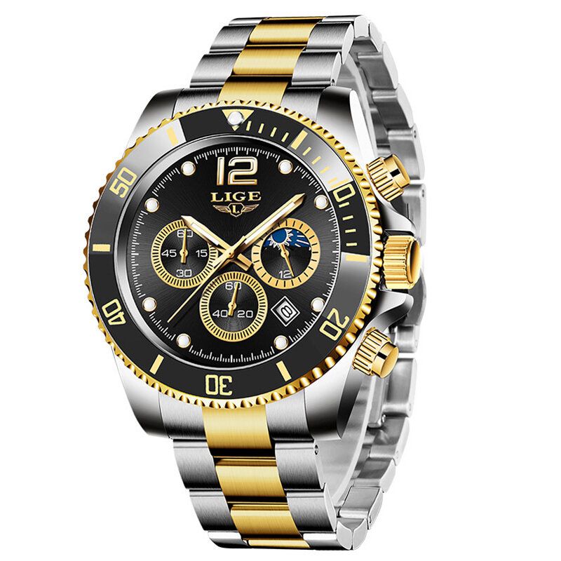 Business Casual Multifonctionnel Pointeur Lumineux Avec Petits Cadrans Chronographe Bracelet En Acier Inoxydable 3atm Étanche Hommes Montre À Quartz Montre-bracelet