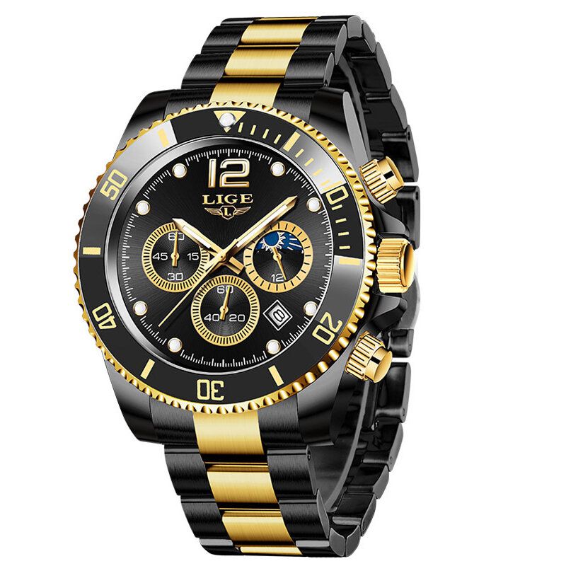 Business Casual Multifonctionnel Pointeur Lumineux Avec Petits Cadrans Chronographe Bracelet En Acier Inoxydable 3atm Étanche Hommes Montre À Quartz Montre-bracelet