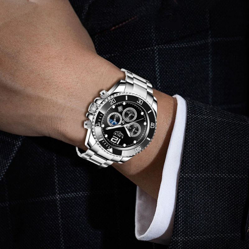 Business Casual Multifonctionnel Pointeur Lumineux Avec Petits Cadrans Chronographe Bracelet En Acier Inoxydable 3atm Étanche Hommes Montre À Quartz Montre-bracelet