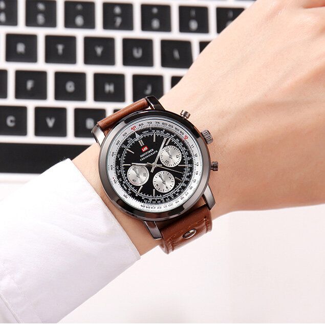 Business Grand Cadran Bracelet En Cuir Véritable Chronographe Étanche Hommes Montre À Quartz