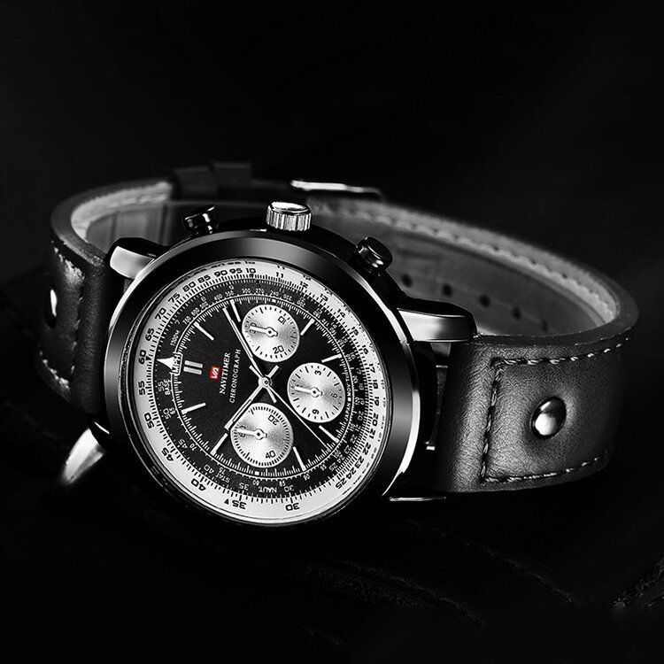 Business Grand Cadran Bracelet En Cuir Véritable Chronographe Étanche Hommes Montre À Quartz