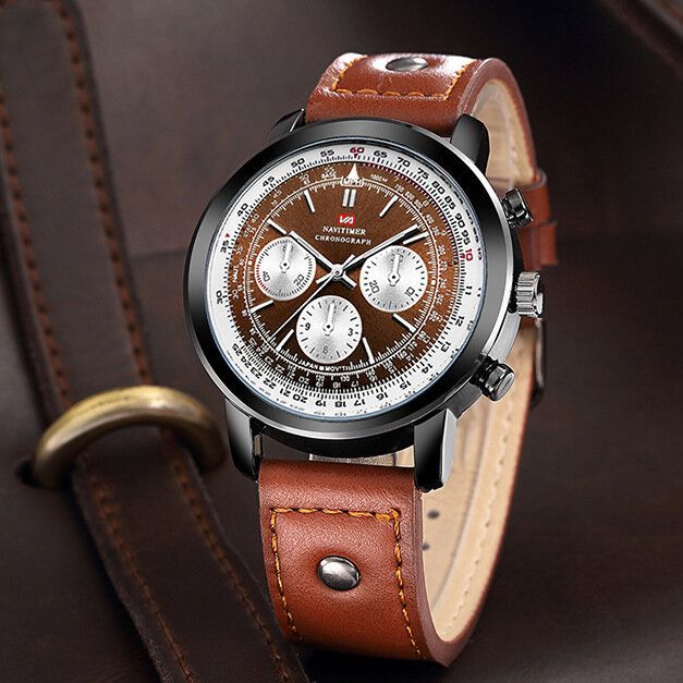 Business Grand Cadran Bracelet En Cuir Véritable Chronographe Étanche Hommes Montre À Quartz