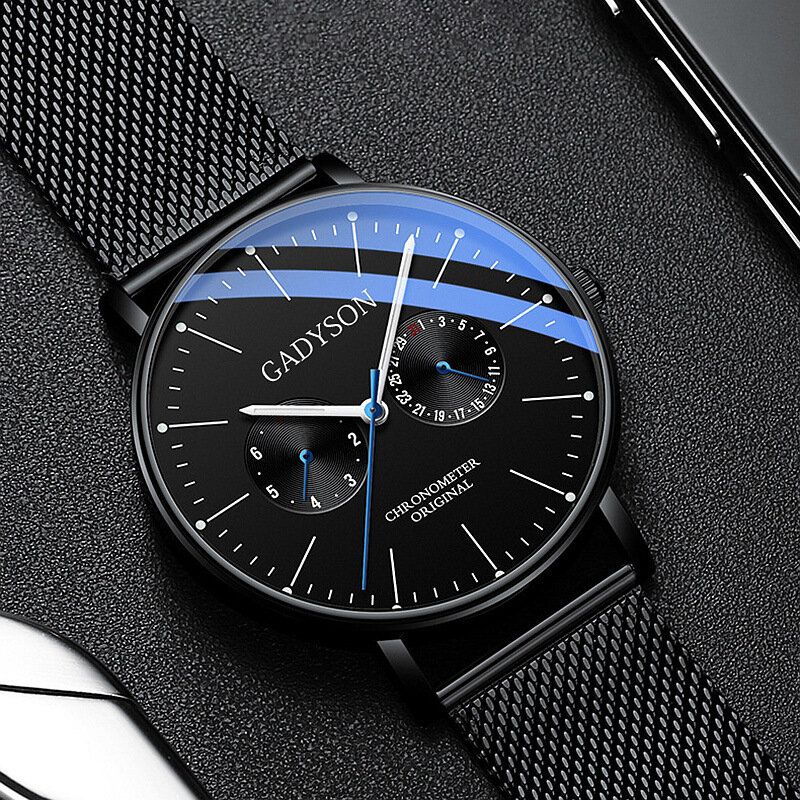 Business Men Watch Thin Dial Steel Mesh Band Lumineux Waterproof Pointers Quartz Watch