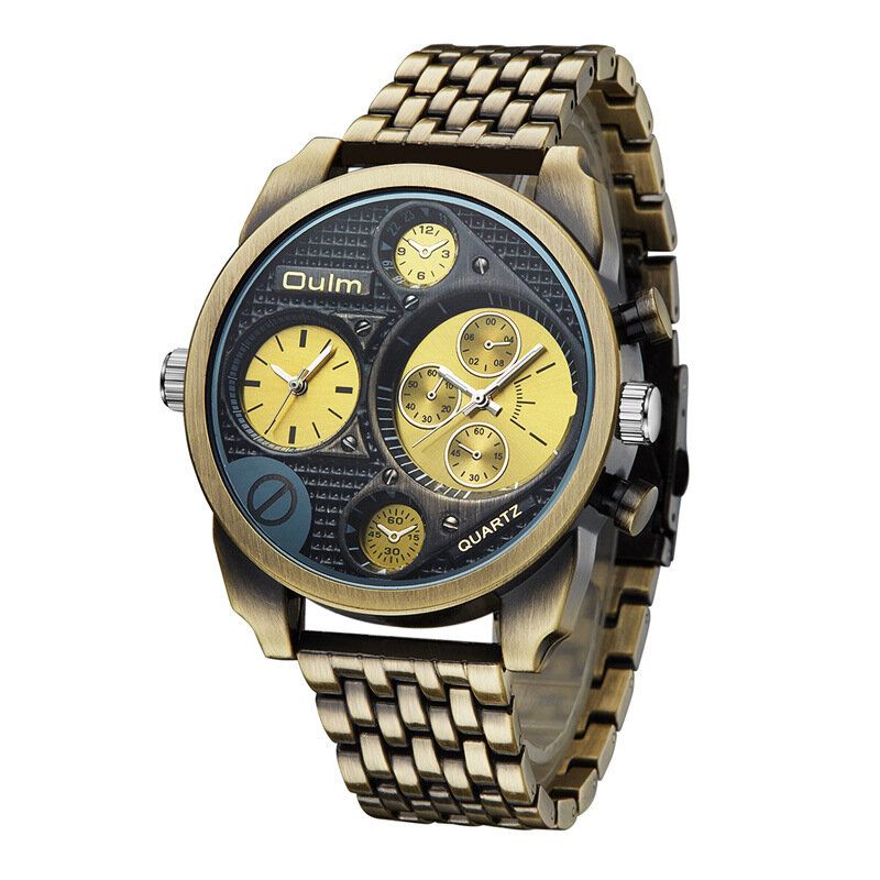 Business Vintage Grand Cadran Double Fuseau Horaire Alliage Bande Hommes Montre À Quartz