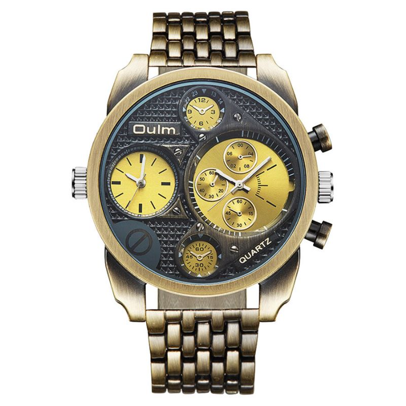 Business Vintage Grand Cadran Double Fuseau Horaire Alliage Bande Hommes Montre À Quartz