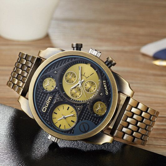 Business Vintage Grand Cadran Double Fuseau Horaire Alliage Bande Hommes Montre À Quartz