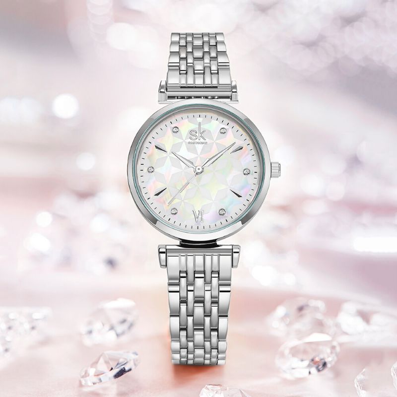 Cadran En Cristal Motif De Fleurs En Acier Inoxydable Dames Robe Femmes Montre À Quartz