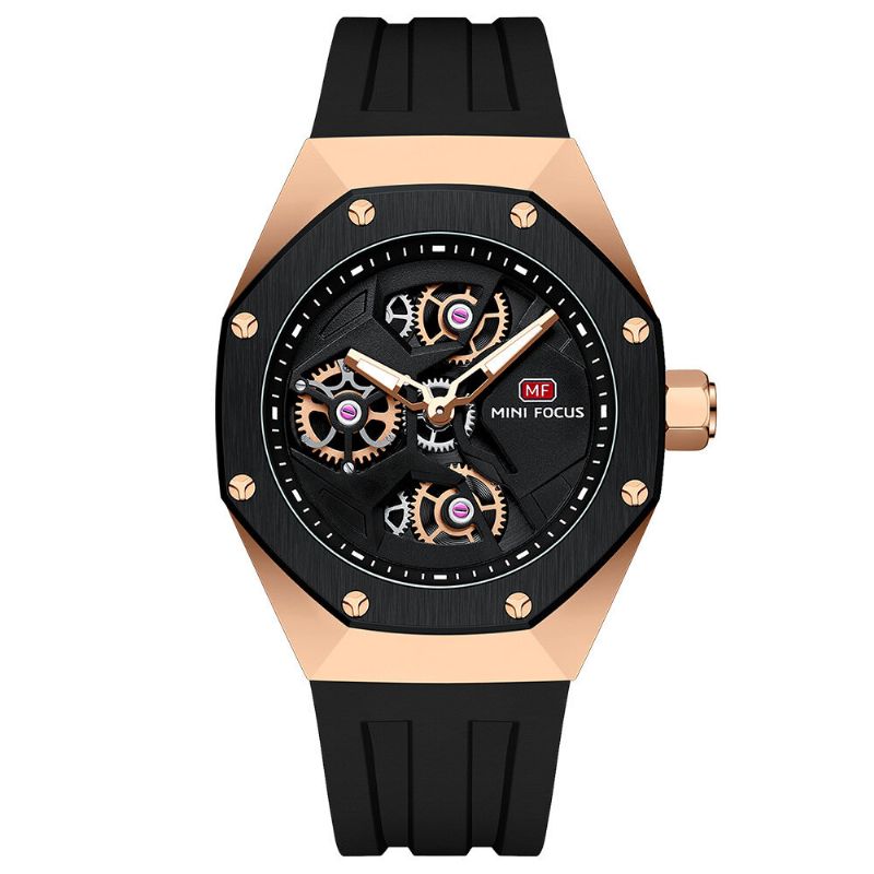 Cadran Évidé Business Casual Pointeur Lumineux Bracelet En Silicone 3atm Étanche Hommes Montre À Quartz Montre-bracelet