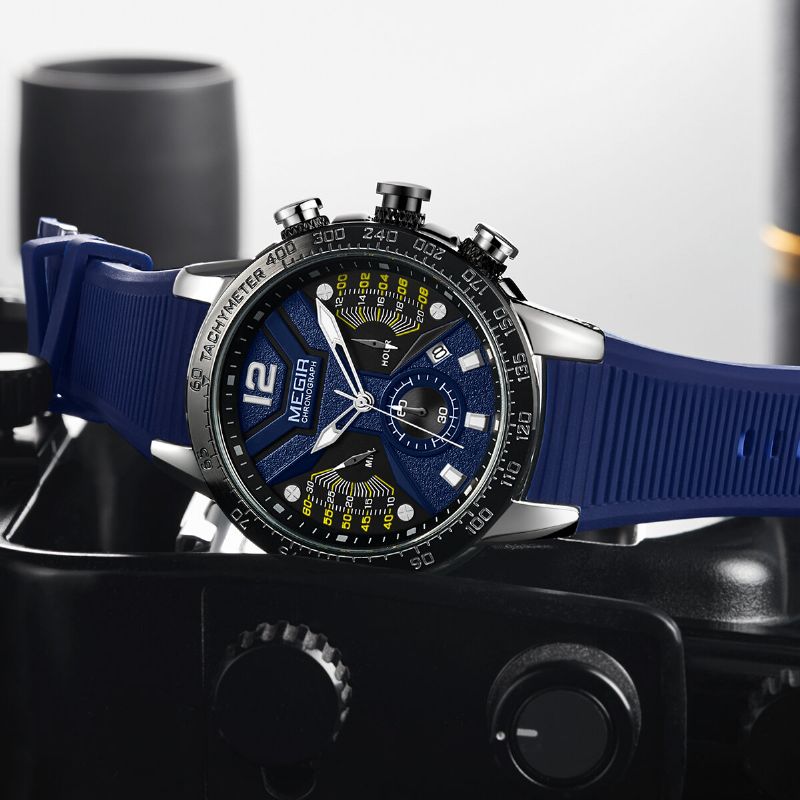 Cadran Lumineux Calendrier Chronographe Bracelet En Silicone Hommes Étanche Sport Montre À Quartz