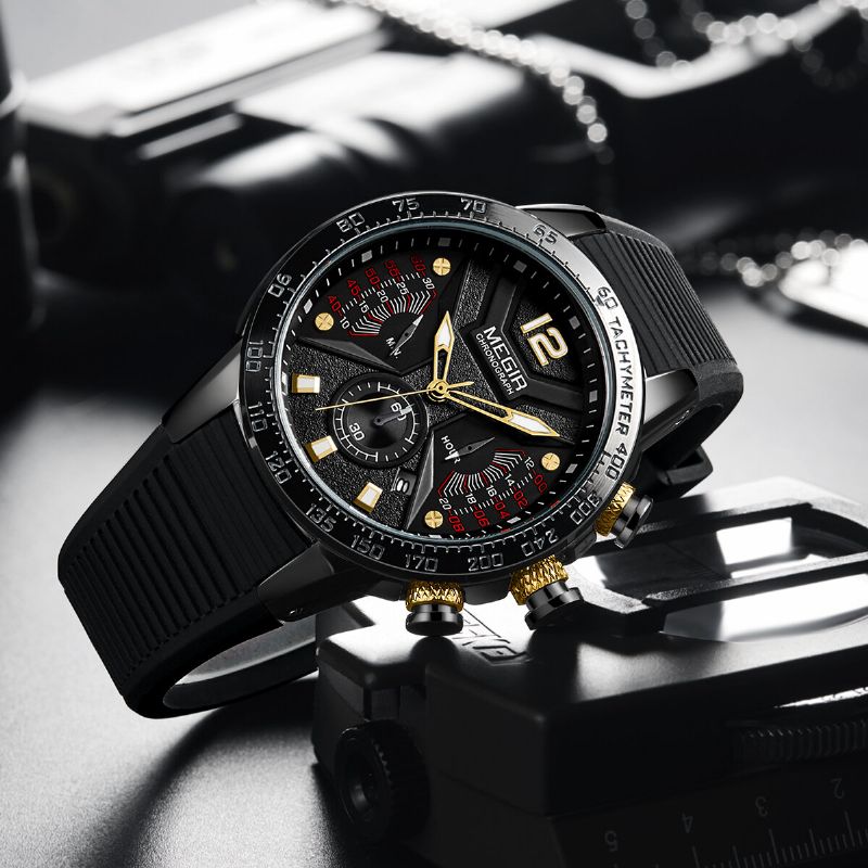 Cadran Lumineux Calendrier Chronographe Bracelet En Silicone Hommes Étanche Sport Montre À Quartz