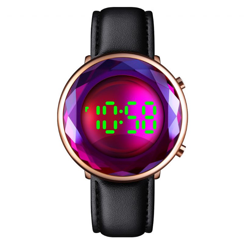 Cadran En Verre Découpé Tridimensionnel Créatif Affichage De La Date Lumineux Bracelet En Cuir Véritable Montre Numérique