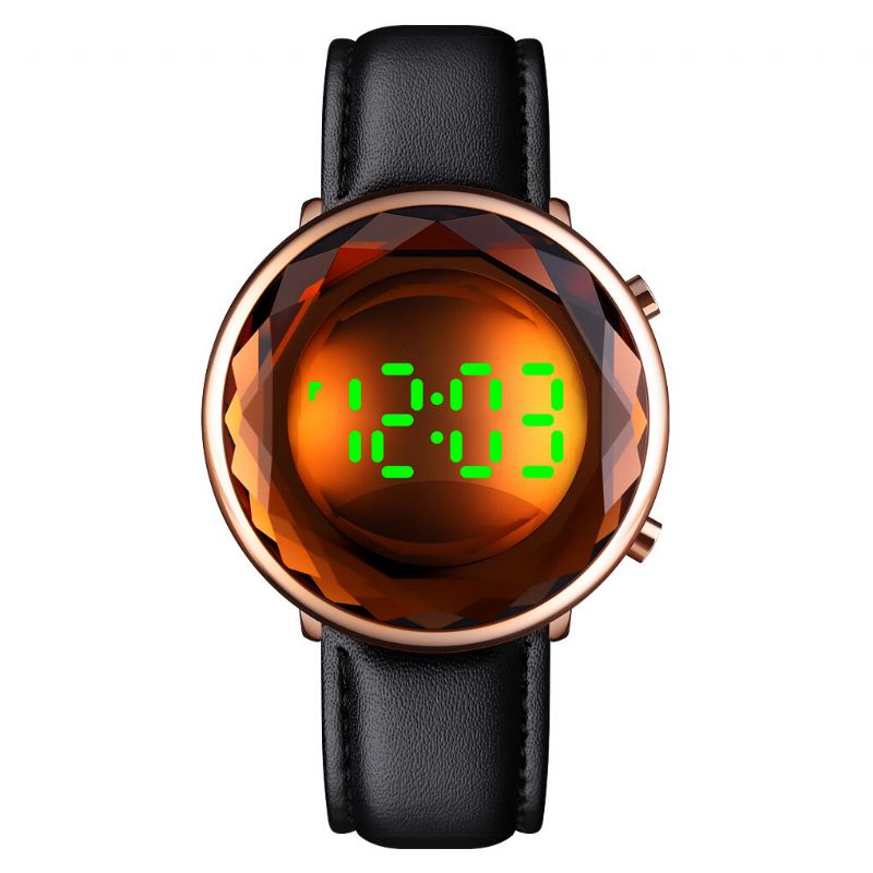 Cadran En Verre Découpé Tridimensionnel Créatif Affichage De La Date Lumineux Bracelet En Cuir Véritable Montre Numérique