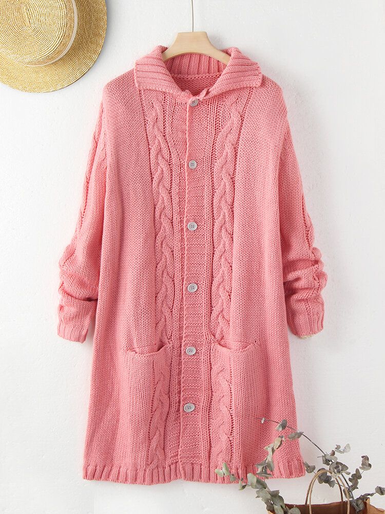 Cardigan À Capuche Mi-long En Tricot Jacquard De Couleur Unie Pour Femmes Avec Poche