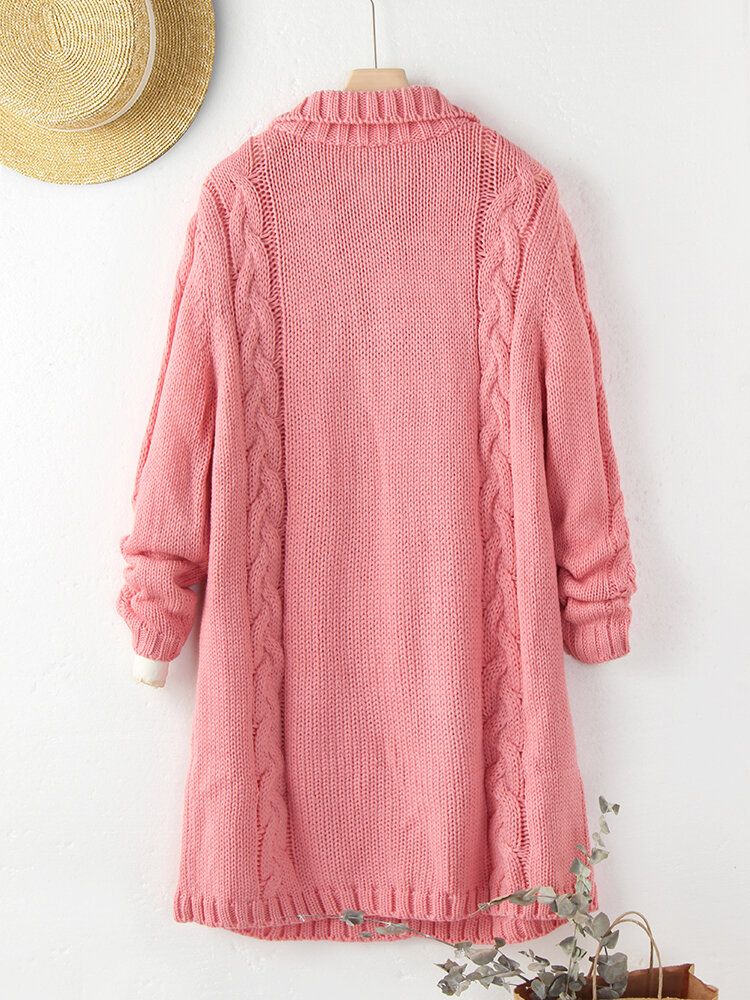 Cardigan À Capuche Mi-long En Tricot Jacquard De Couleur Unie Pour Femmes Avec Poche