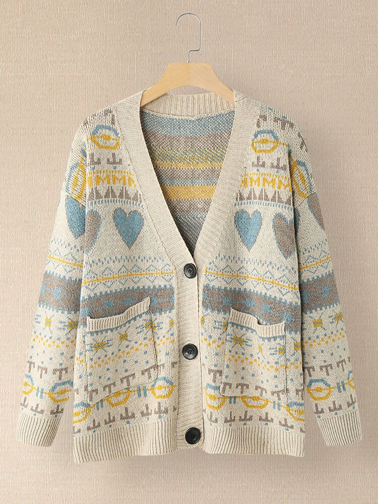 Cardigan À Manches Longues Avec Motif D'impression Vintage Pour Femmes Avec Poche