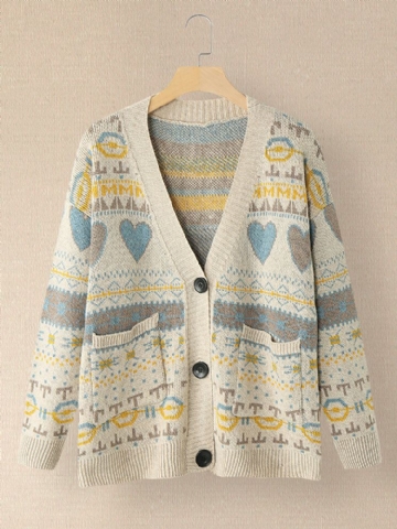 Cardigan À Manches Longues Avec Motif D'impression Vintage Pour Femmes Avec Poche