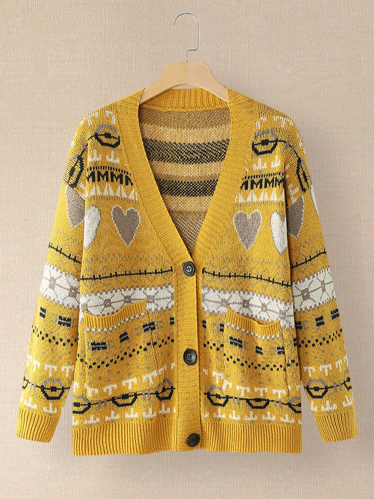 Cardigan À Manches Longues Avec Motif D'impression Vintage Pour Femmes Avec Poche