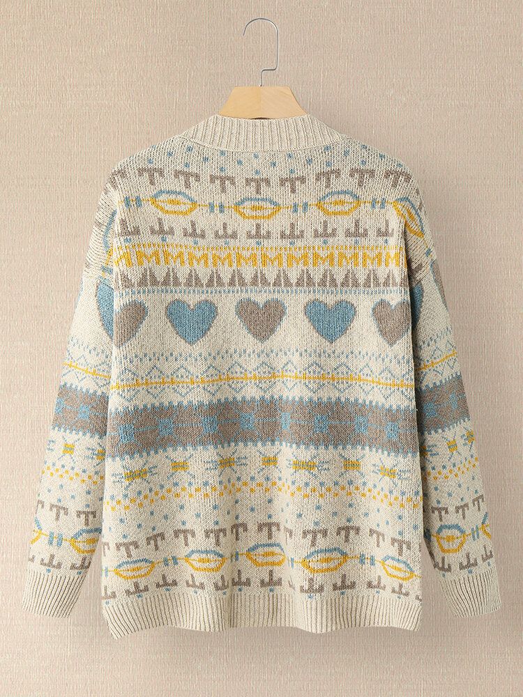 Cardigan À Manches Longues Avec Motif D'impression Vintage Pour Femmes Avec Poche