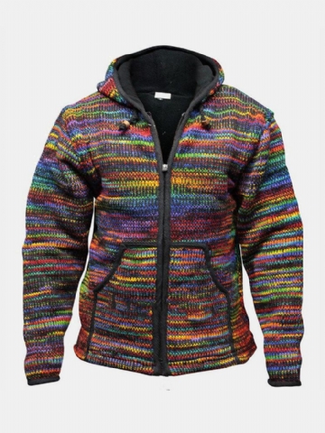 Cardigans À Capuche Chauds Avec Cordon De Serrage Pour Homme En Tricot Coloré Avec Poche