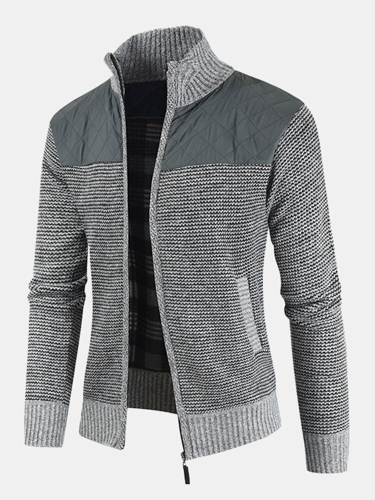 Cardigans Décontractés En Tricot Avec Col Montant Et Patchwork Pour Hommes Avec Poche