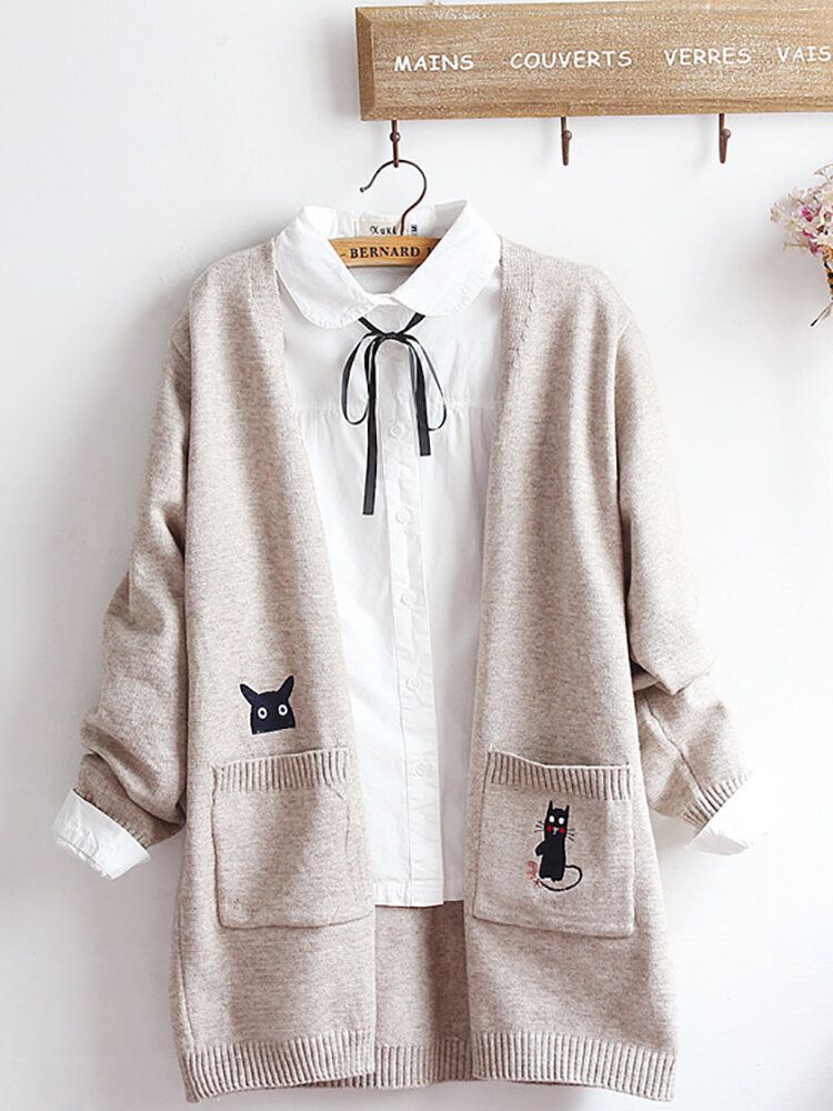 Cardigans Longs En Tricot De Chat Brodé