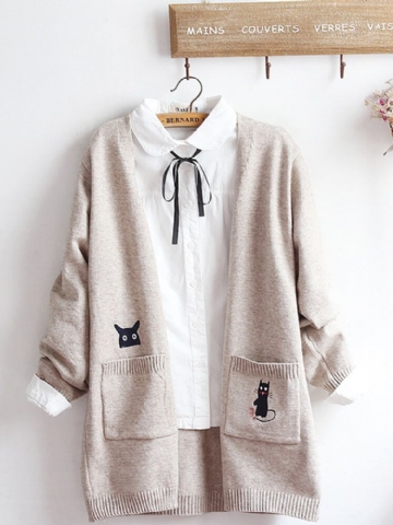 Cardigans Longs En Tricot De Chat Brodé