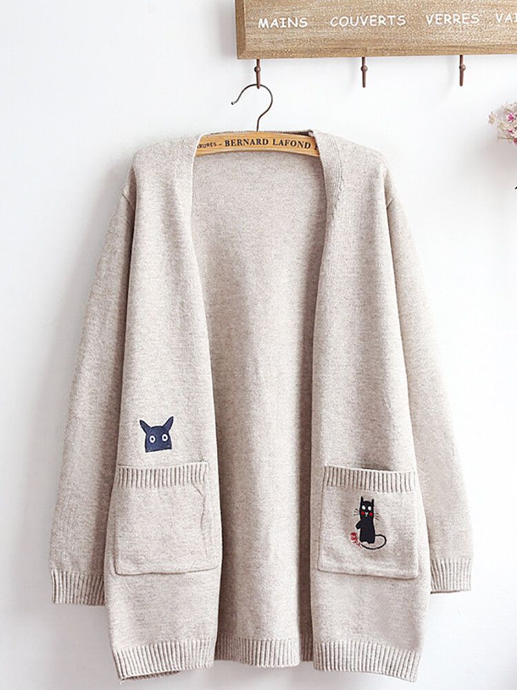 Cardigans Longs En Tricot De Chat Brodé